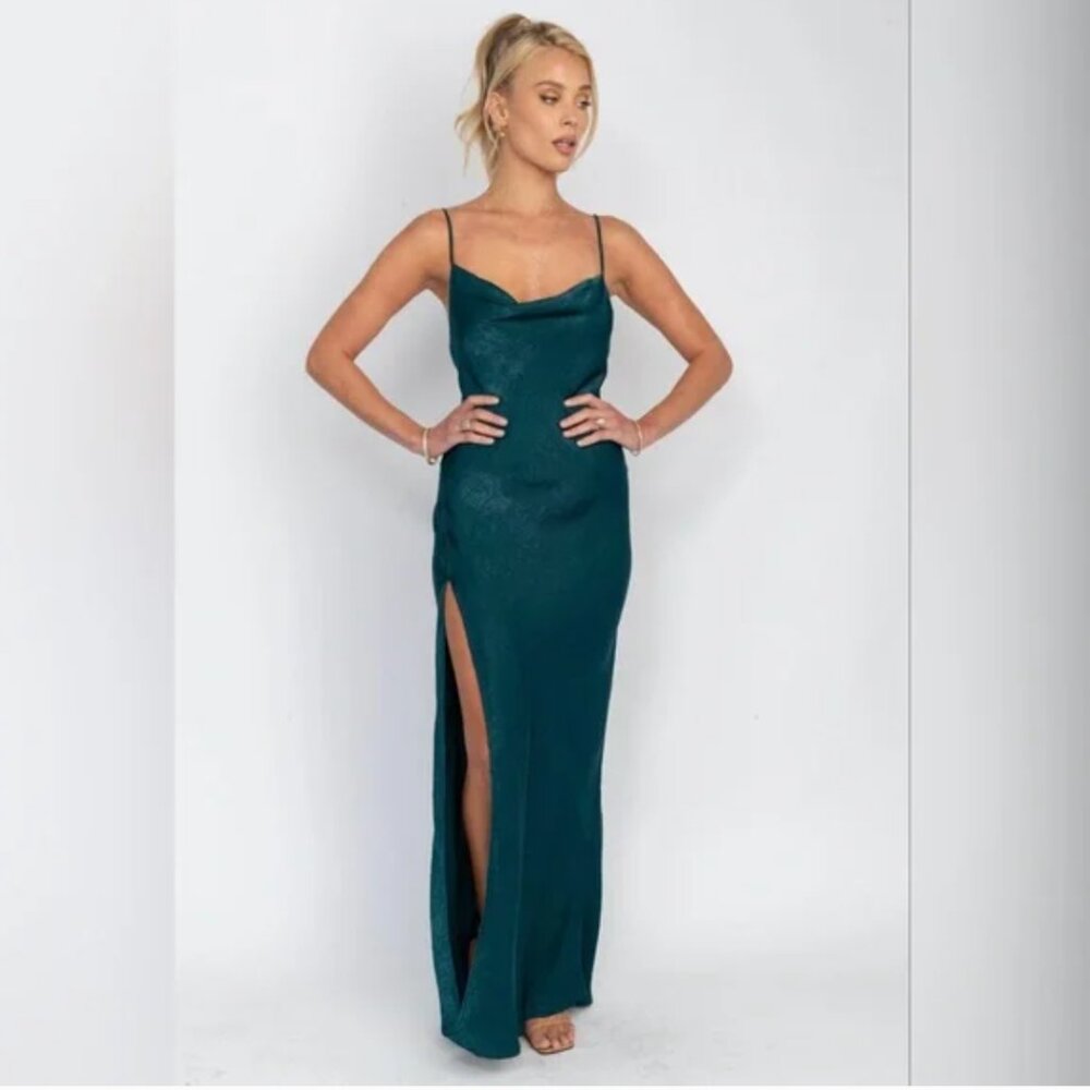 RESA Emerald Green Satin Maxi Dress with Side Slit